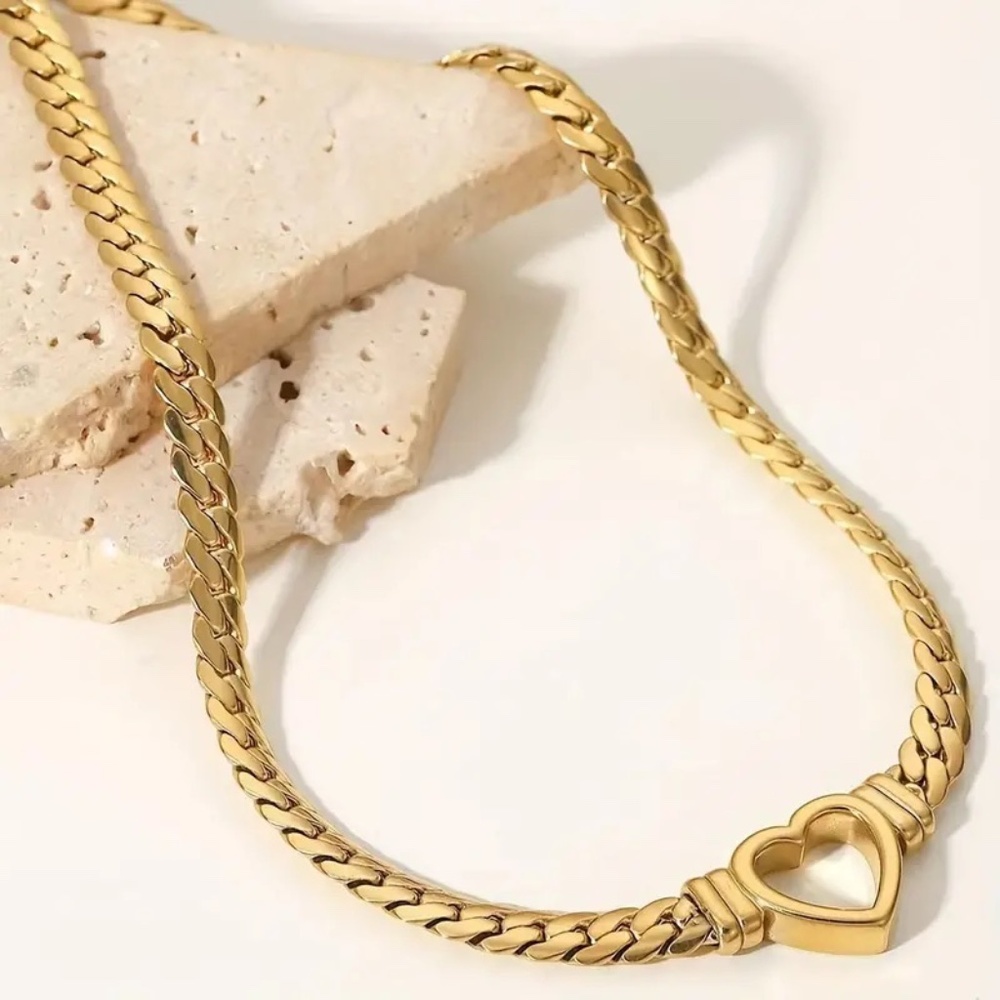 Cuban Lknk Chain 18K Gold Plated Heart Stainless Steel Love Necklace - Picture 3 of 7
